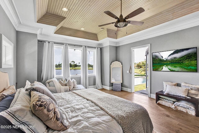 532 Atlantic Beach Ct, Atlantic Beach, FL 32233 - bedroom featuring wooden ceiling, multiple windows, access to exterior, a water view, and a tray ceiling