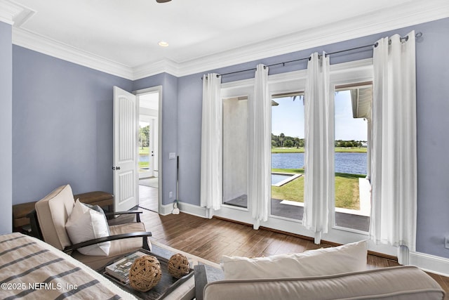 532 Atlantic Beach Ct, Atlantic Beach, FL 32233 - bedroom with access to exterior, a water view, hardwood / wood-style flooring, and crown molding