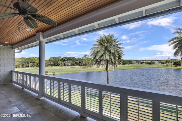 532 Atlantic Beach Ct, Atlantic Beach, FL 32233 - covered porch featuring a water view, ceiling fan, golf course view, and view of scattered trees