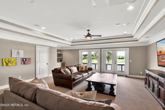 532 Atlantic Beach Ct, Atlantic Beach, FL 32233 - living room featuring french doors, a tray ceiling, light colored carpet, crown molding, and ceiling fan