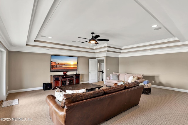 532 Atlantic Beach Ct, Atlantic Beach, FL 32233 - living room with a raised ceiling, carpet flooring, a ceiling fan, ornamental molding, and recessed lighting