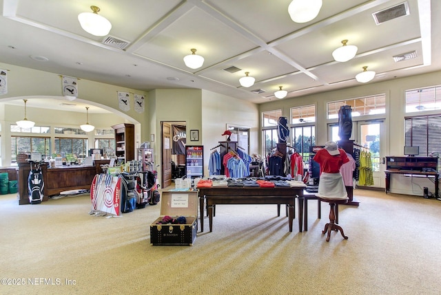 3975 Royal Pines Dr, Orange Park, FL 32065 - gym with carpet floors, coffered ceiling, and arched walkways