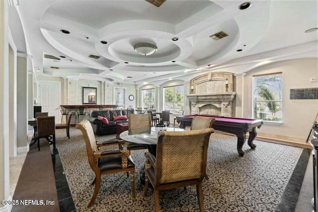10961 Burnt Mill Rd Unit 917, Jacksonville, FL 32256 - dining space with pool table, a fireplace, plenty of natural light, recessed lighting, and coffered ceiling