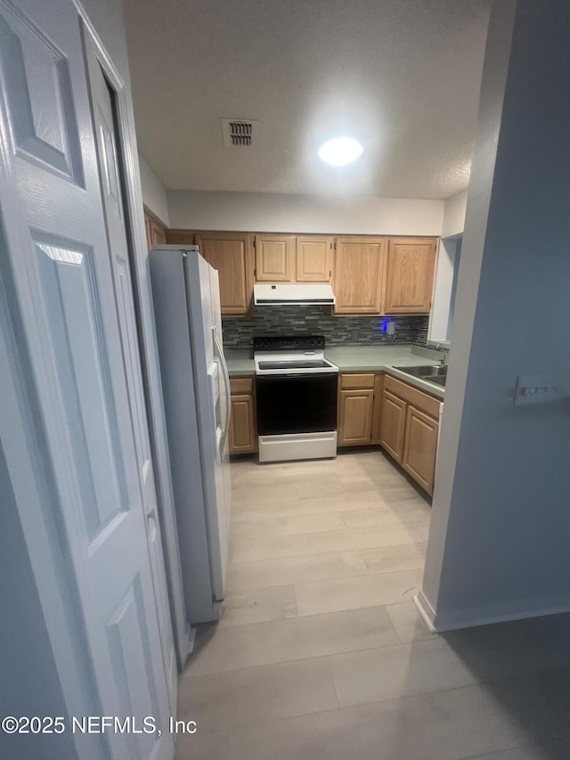 1535 Summer Sands Dr, Neptune Beach, FL 32266 - kitchen featuring white appliances, under cabinet range hood, tasteful backsplash, and light countertops