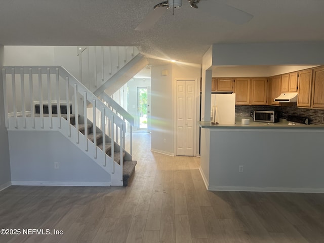 1535 Summer Sands Dr, Neptune Beach, FL 32266 - kitchen featuring under cabinet range hood, a ceiling fan, light wood-style floors, freestanding refrigerator, and tasteful backsplash