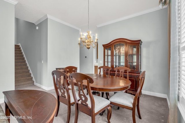 11582 Wynnfield Lakes Cir, Jacksonville, FL 32246 - dining area with ornamental molding, a chandelier, stairway, and carpet floors