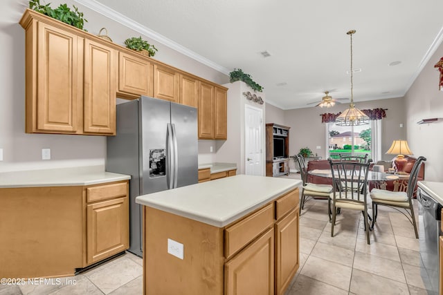 11582 Wynnfield Lakes Cir, Jacksonville, FL 32246 - kitchen featuring stainless steel appliances, a kitchen island, crown molding, light tile patterned floors, and a ceiling fan
