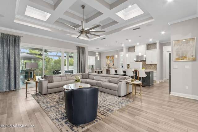 95158 Sandy Pointe Dr, Fernandina Beach, FL 32034 - living room featuring ceiling fan, light wood-type flooring, coffered ceiling, beamed ceiling, and ornamental molding