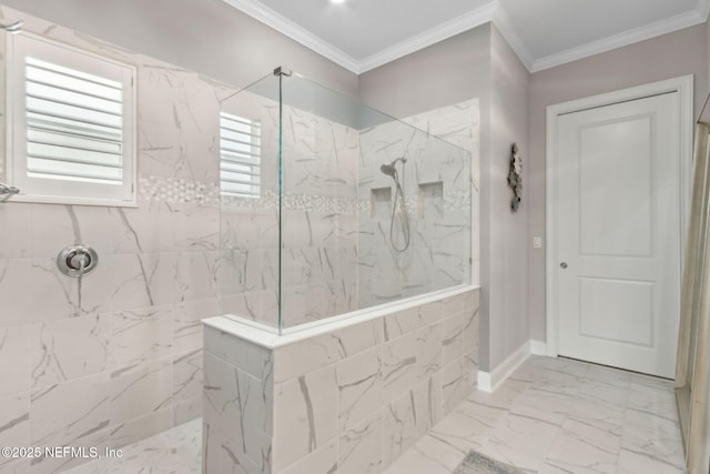 95158 Sandy Pointe Dr, Fernandina Beach, FL 32034 - bathroom featuring a marble finish shower, ornamental molding, and marble finish floors