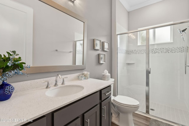 95158 Sandy Pointe Dr, Fernandina Beach, FL 32034 - bathroom with vanity, a stall shower, and wood finished floors