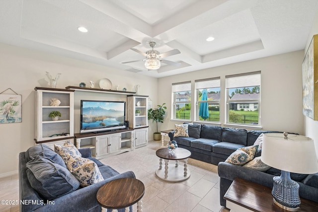 600 Broomsedge Cir, Saint Augustine, FL 32095 - living area featuring a ceiling fan, coffered ceiling, beamed ceiling, and recessed lighting