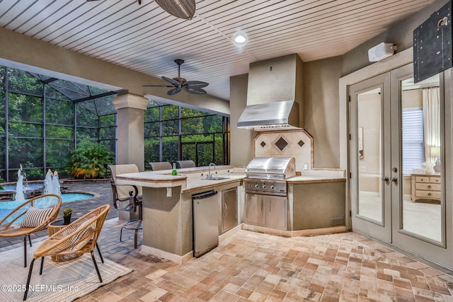 528 Sebastian Sq, Saint Augustine, FL 32095 - view of patio / terrace featuring area for grilling, a ceiling fan, glass enclosure, an outdoor pool, and french doors