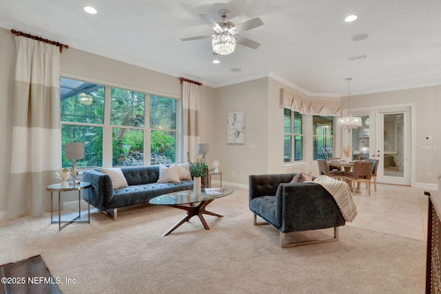 528 Sebastian Sq, Saint Augustine, FL 32095 - living room with a chandelier, carpet, recessed lighting, a ceiling fan, and crown molding