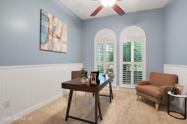 528 Sebastian Sq, Saint Augustine, FL 32095 - office area featuring wainscoting, a ceiling fan, and carpet floors