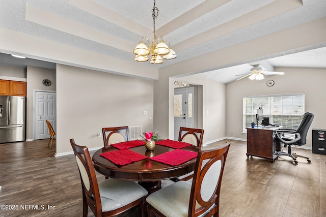 1861 Heartpine Dr, Middleburg, FL 32068 - dining space featuring wood finished floors, baseboards, a chandelier, a desk, and lofted ceiling