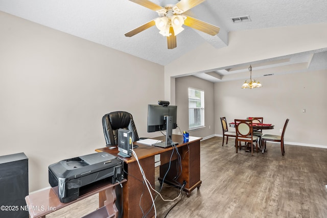 1861 Heartpine Dr, Middleburg, FL 32068 - home office featuring wood finished floors, a chandelier, ceiling fan, baseboards, and a textured ceiling
