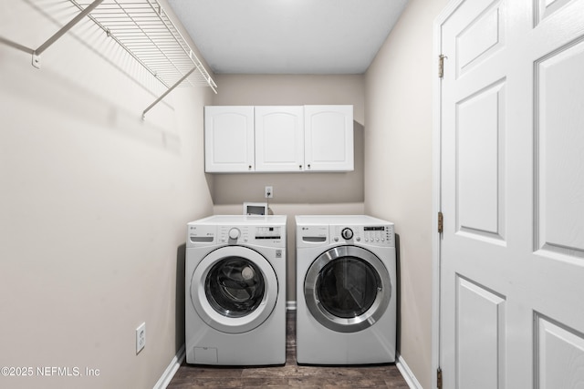 1861 Heartpine Dr, Middleburg, FL 32068 - laundry area with washer and dryer, cabinet space, baseboards, and dark wood-style floors