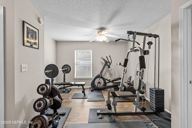1861 Heartpine Dr, Middleburg, FL 32068 - workout room featuring ceiling fan, wood finished floors, a textured ceiling, and baseboards