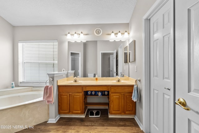 1861 Heartpine Dr, Middleburg, FL 32068 - bathroom featuring wood finished floors, double vanity, a bath, and a textured ceiling