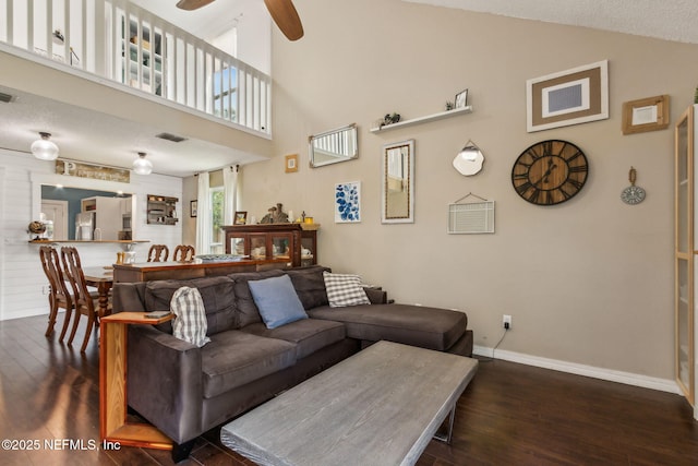 11461 Willet Ct S, Jacksonville, FL 32225 - living room with wood finished floors, a ceiling fan, and high vaulted ceiling