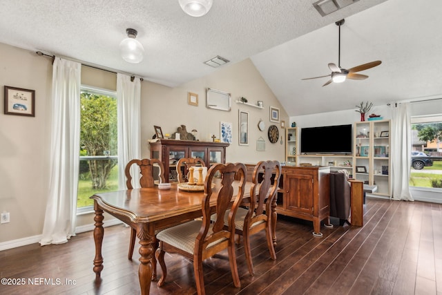 11461 Willet Ct S, Jacksonville, FL 32225 - dining space featuring ceiling fan, plenty of natural light, dark wood-style flooring, vaulted ceiling, and a textured ceiling