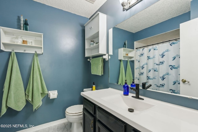 11461 Willet Ct S, Jacksonville, FL 32225 - bathroom featuring a textured ceiling, vanity, marble look tiles, and a shower with shower curtain