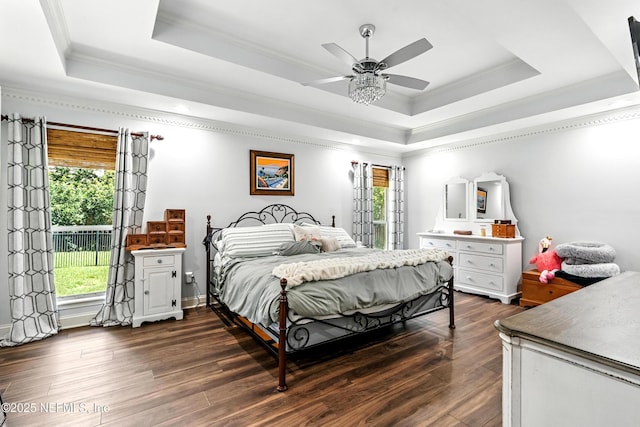 12921 Jupiter Hills Cir N, Jacksonville, FL 32225 - bedroom with a tray ceiling, ornamental molding, dark wood-type flooring, and ceiling fan