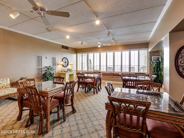 3350 Fletcher Ave Unit 6J, Fernandina Beach, FL 32034 - dining room with light carpet, a ceiling fan, rail lighting, plenty of natural light, and crown molding