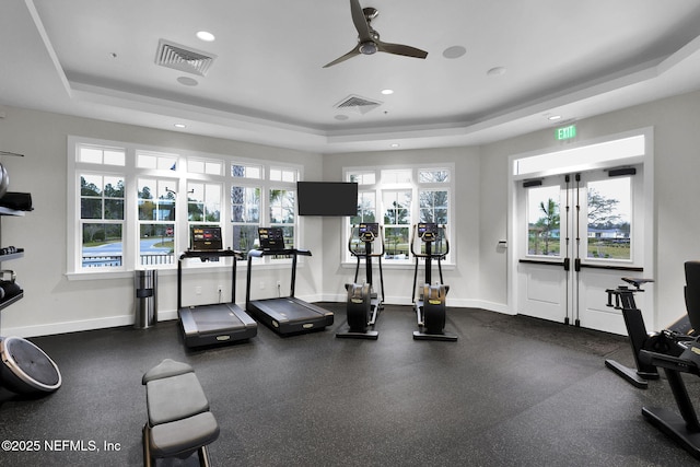 52 Key Grass Ct, Saint Johns, FL 32259 - workout area featuring a tray ceiling, ceiling fan, and recessed lighting