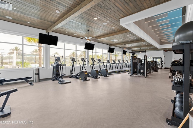 52 Key Grass Ct, Saint Johns, FL 32259 - exercise room featuring a ceiling fan and a wooden ceiling with exposed beams
