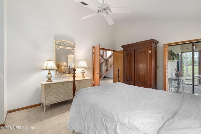 55 Village Cir, Palm Coast, FL 32164 - bedroom with access to outside, high vaulted ceiling, baseboards, and ceiling fan