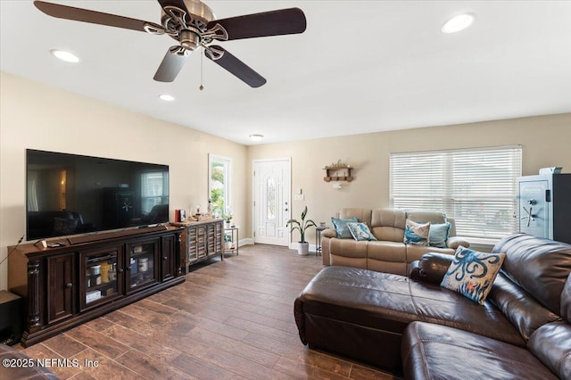 1506 Strand St, Neptune Beach, FL 32266 - living room with a ceiling fan, dark wood-type flooring, and recessed lighting