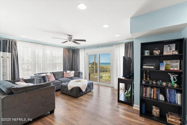 1506 Strand St, Neptune Beach, FL 32266 - living area featuring a ceiling fan, wood finished floors, and recessed lighting