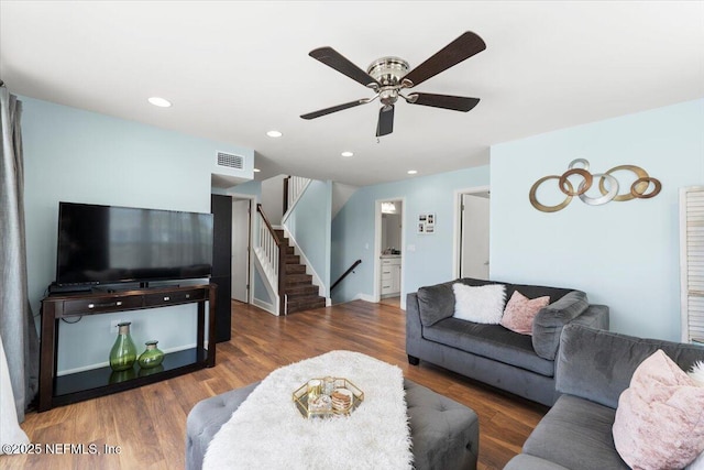 1506 Strand St, Neptune Beach, FL 32266 - living room with stairway, wood finished floors, a ceiling fan, and recessed lighting