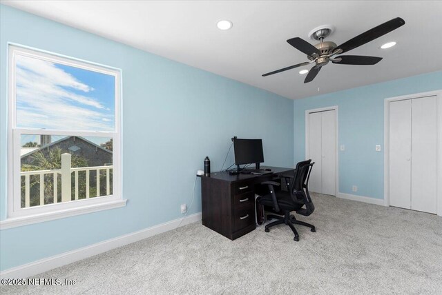 1506 Strand St, Neptune Beach, FL 32266 - office featuring carpet, recessed lighting, and ceiling fan