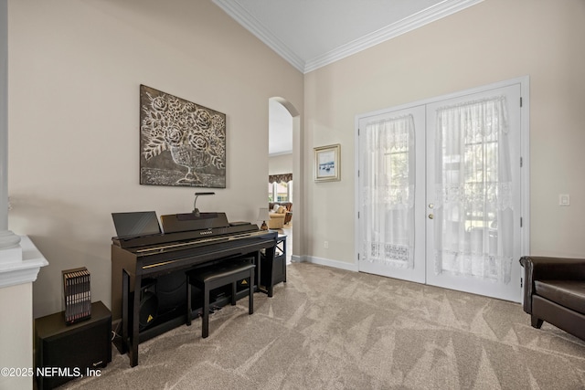 641 Donald Ross Way, Saint Augustine, FL 32092 - sitting room with crown molding, carpet flooring, arched walkways, a desk, and french doors