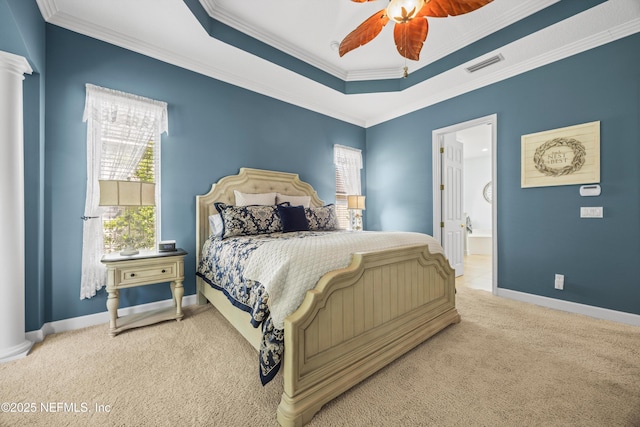 641 Donald Ross Way, Saint Augustine, FL 32092 - carpeted bedroom featuring crown molding, ceiling fan, ensuite bath, and a raised ceiling