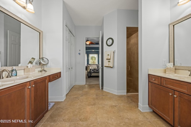 641 Donald Ross Way, Saint Augustine, FL 32092 - ensuite bathroom with a shower stall, two vanities, and ceiling fan