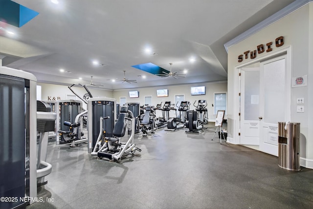 641 Donald Ross Way, Saint Augustine, FL 32092 - exercise room featuring ceiling fan, recessed lighting, and crown molding