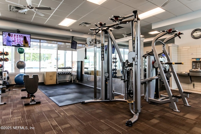 14220 Palmetto Springs St, Jacksonville, FL 32258 - exercise room featuring carpet, a ceiling fan, and a paneled ceiling