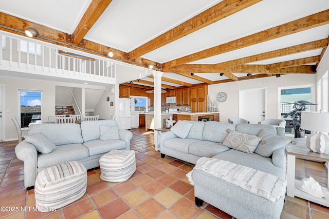 2947 S Ponte Vedra Blvd, Ponte Vedra Beach, FL 32082 - living area with healthy amount of natural light, beamed ceiling, and light tile patterned flooring