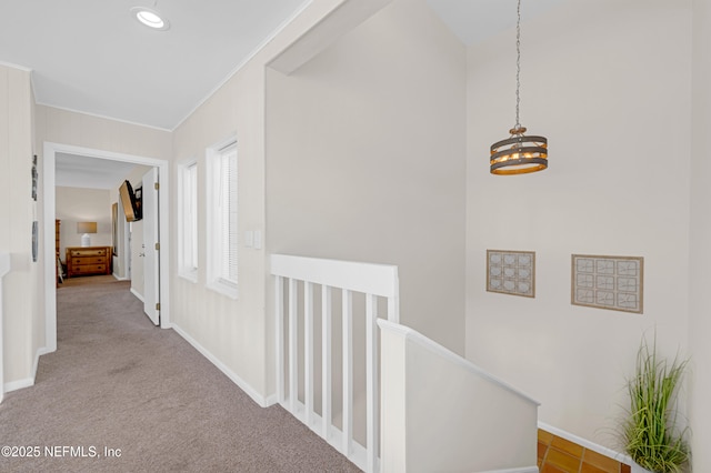 2947 S Ponte Vedra Blvd, Ponte Vedra Beach, FL 32082 - hallway with a chandelier, an upstairs landing, carpet, and ornamental molding