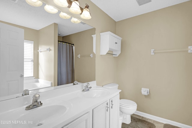 1908 Longneedle Ln, Middleburg, FL 32068 - bathroom featuring toilet, double vanity, tile patterned flooring, a garden tub, and curtained shower