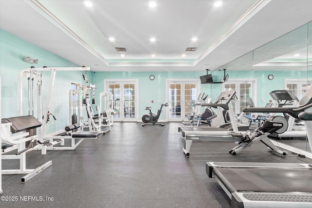 4000 Grande Vista Blvd Unit 15-206, Saint Augustine, FL 32084 - gym with french doors, a raised ceiling, and recessed lighting