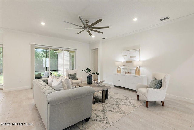 17 Derecho Ln, Saint Augustine, FL 32095 - living room with a ceiling fan, crown molding, and recessed lighting