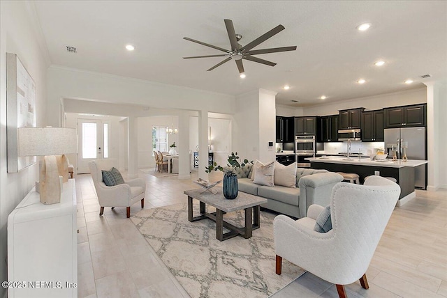 17 Derecho Ln, Saint Augustine, FL 32095 - living area featuring ornamental molding, ceiling fan, and recessed lighting
