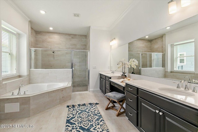 17 Derecho Ln, Saint Augustine, FL 32095 - full bathroom with healthy amount of natural light, a shower stall, crown molding, vanity, and recessed lighting