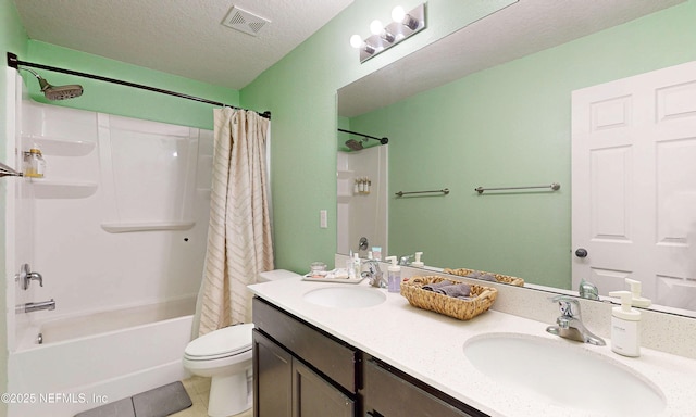 8657 Lake George Cir E, Macclenny, FL 32063 - bathroom with shower / bath combination with curtain, a textured ceiling, double vanity, and tile patterned floors