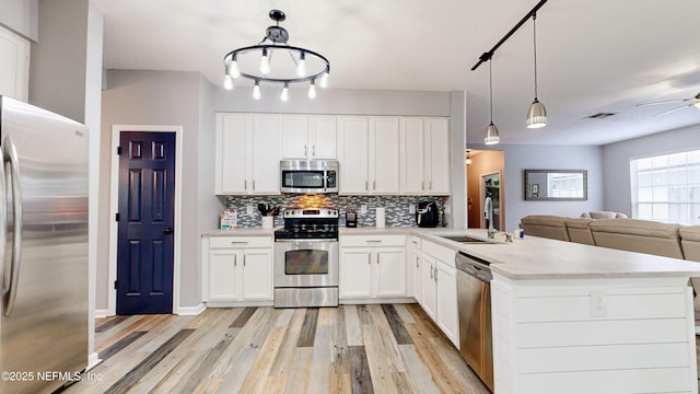1441 Laurel Oak Dr, Fleming Island, FL 32003 - kitchen with stainless steel appliances, a sink, track lighting, open floor plan, and a peninsula