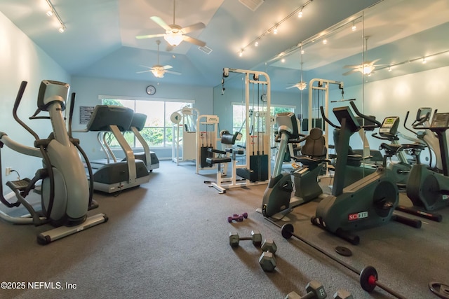 1800 The Greens Way Unit 603, Jacksonville Beach, FL 32250 - workout area featuring track lighting, a ceiling fan, and lofted ceiling